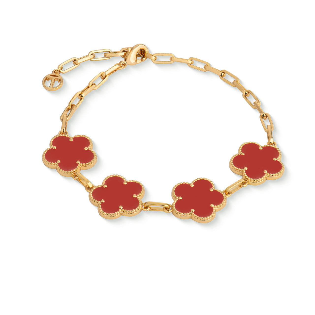 Tipperary Crystal Fleur red floral charm bracelet with yellow gold plating, showing four delicate red flower charms on an adjustable chain