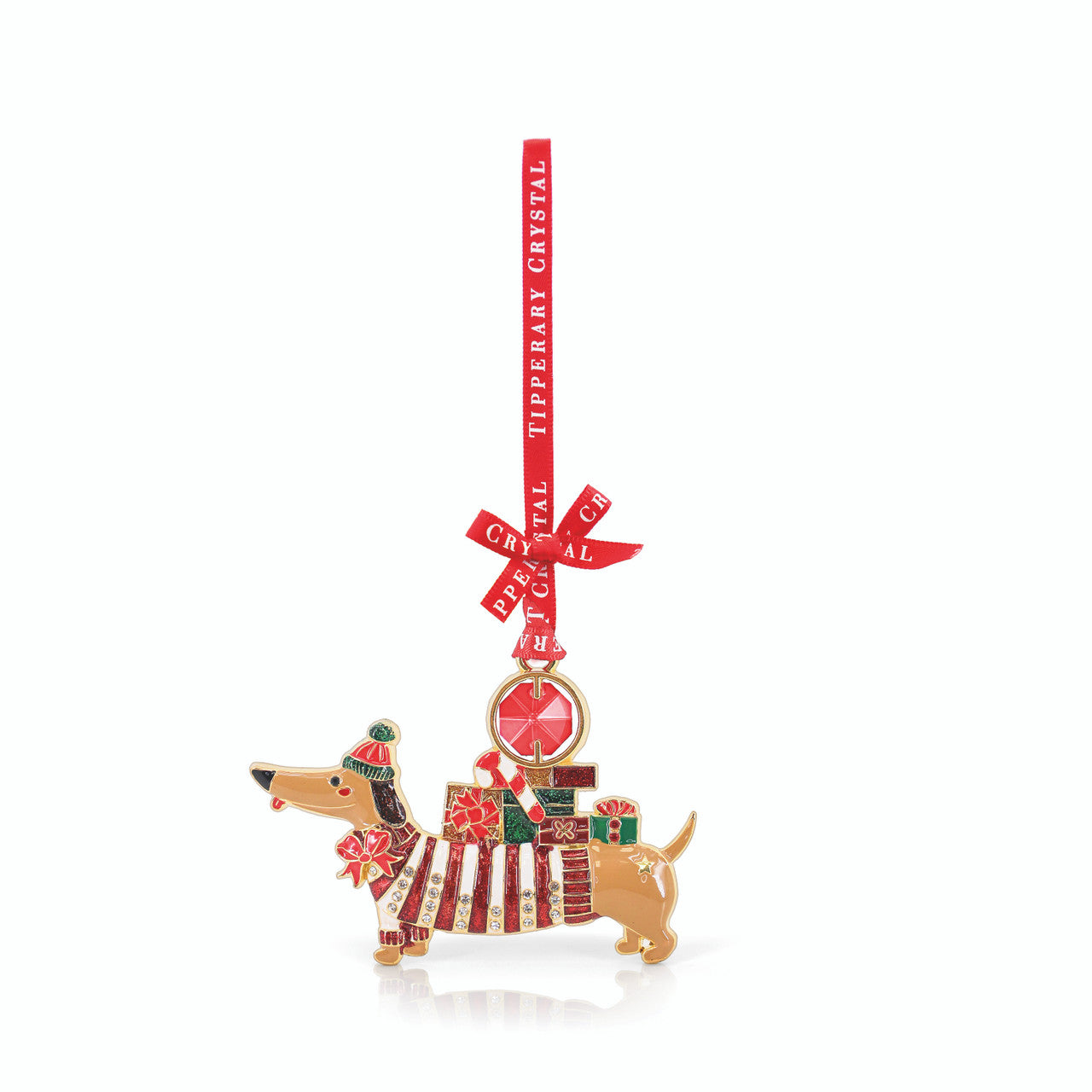 Tipperary Crystal Gems sausage dog gemstone Christmas ornament in red jumper and bobble hat