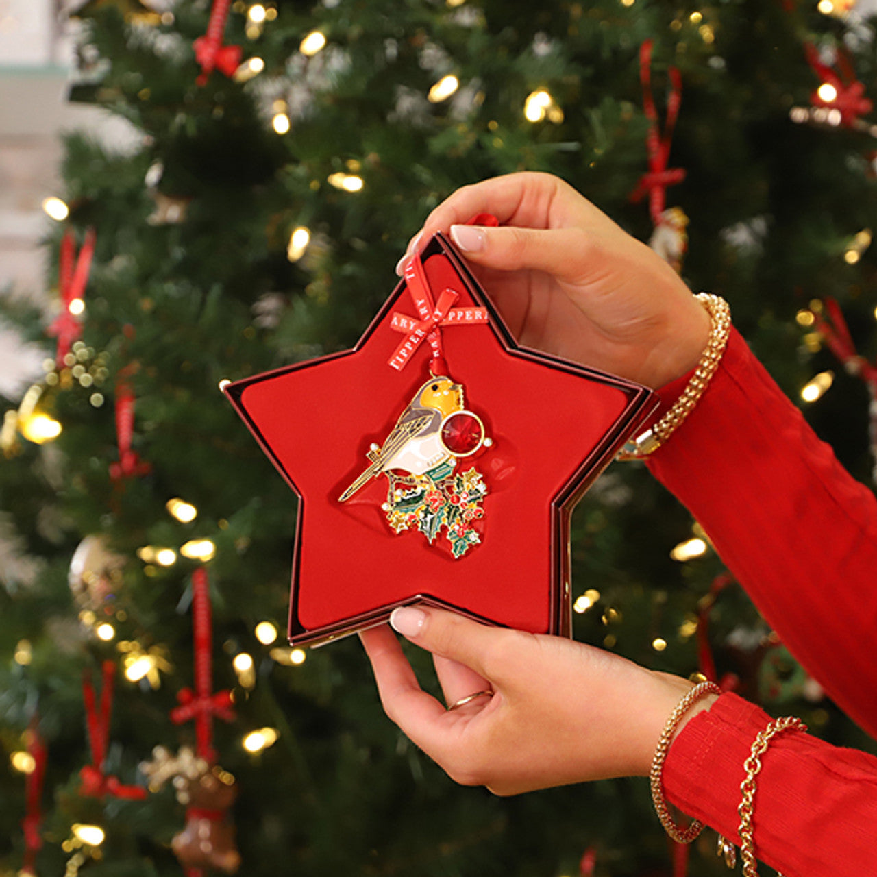 Tipperary Crystal Gems robin Christmas ornament — crystal-studded robin on holly with red ribbon, presented in a star gift box.