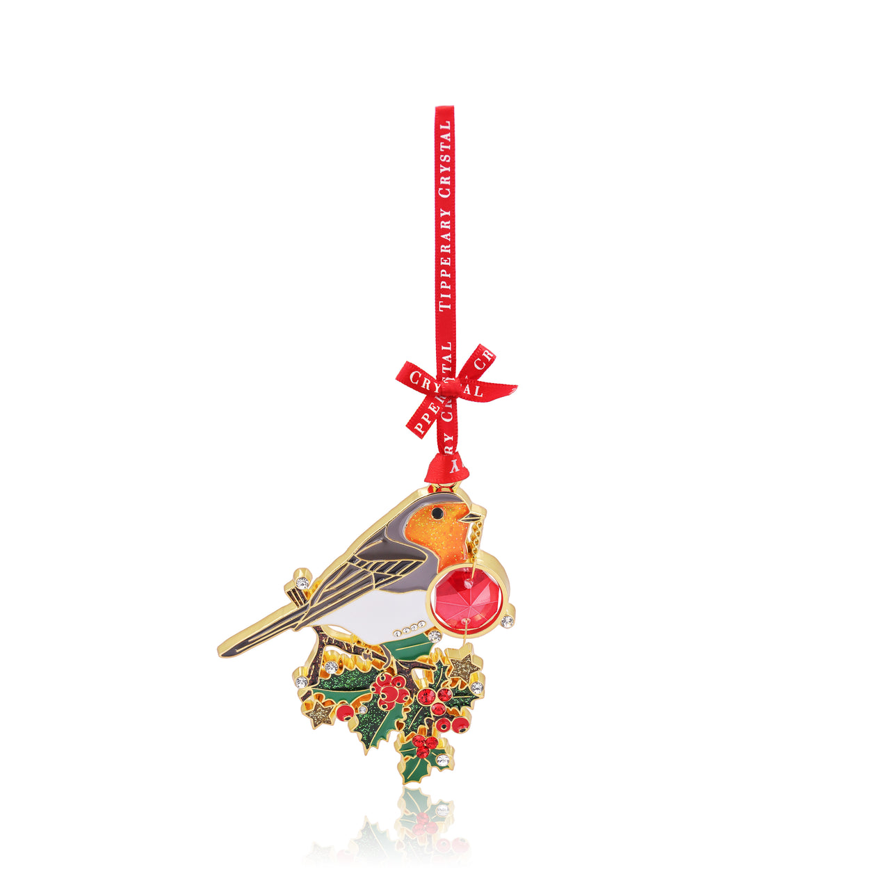 Tipperary Crystal robin Christmas tree ornament — crystal-studded robin on holly with red jewel and branded ribbon.