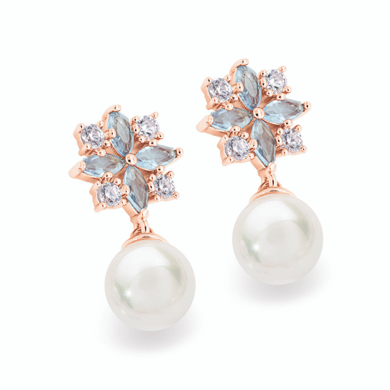 Tipperary Crystal Maureen O’Hara drop pearl earrings in rose-gold tone with crystal flower top – close-up.