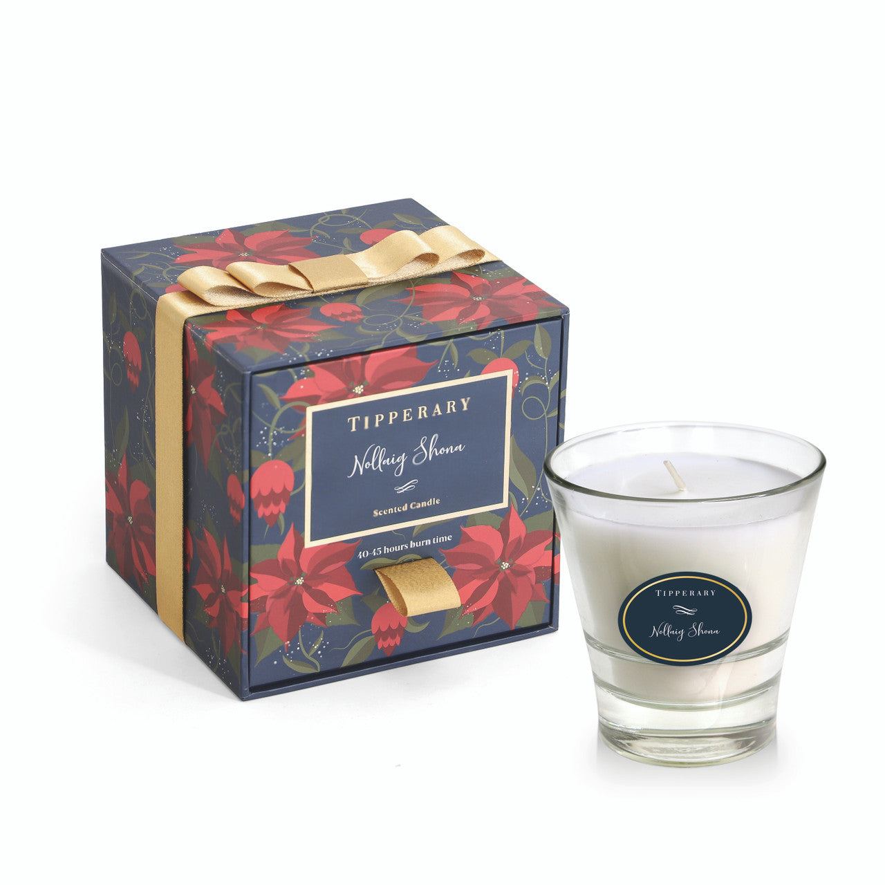 Tipperary Crystal Nollaig Shona Christmas scented tumbler candle in poinsettia gift box — orange spice, amber & musk.