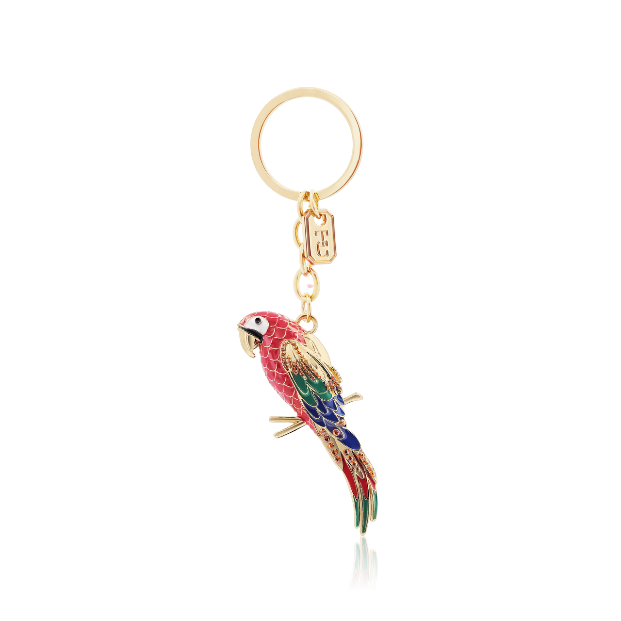 Tipperary Crystal Parrot Keyring front view with enamel and crystals In gift box