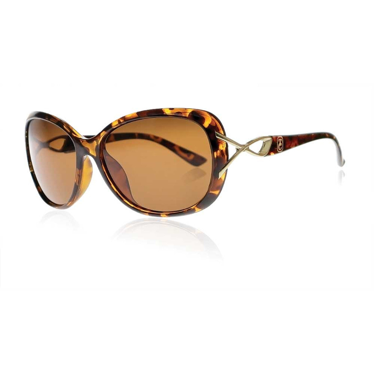 Side angle of Tipperary Crystal women’s tortoiseshell sunglasses with gold-tone designer detail