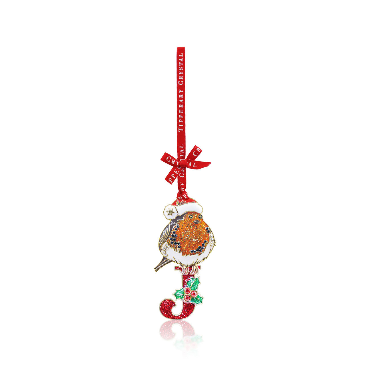 Tipperary Crystal Alphabet Robin J Christmas decoration — gold robin with crystals and red branded ribbon