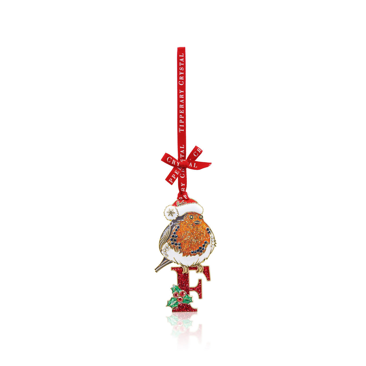 Tipperary Crystal robin F hanging Initial Christmas tree decoration