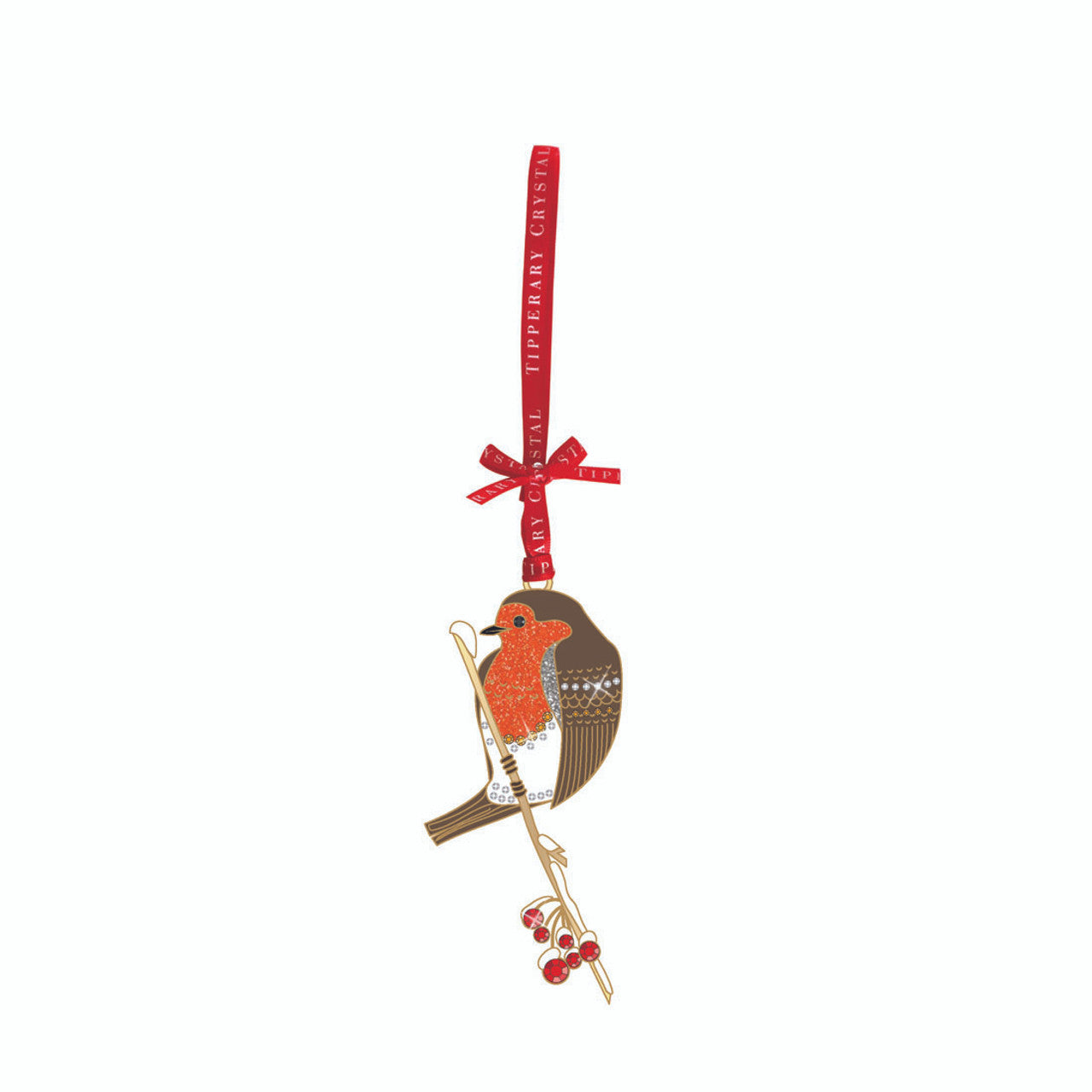 Tipperary Crystal Sparkle Robin Christmas tree decoration with crystal accents and red ribbon