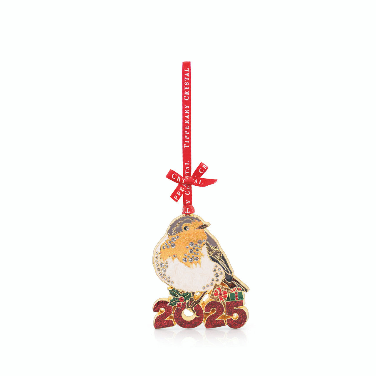 Tipperary Crystal Sparkle Robin 2025 hanging ornament — gold robin with crystal accents and red ribbon