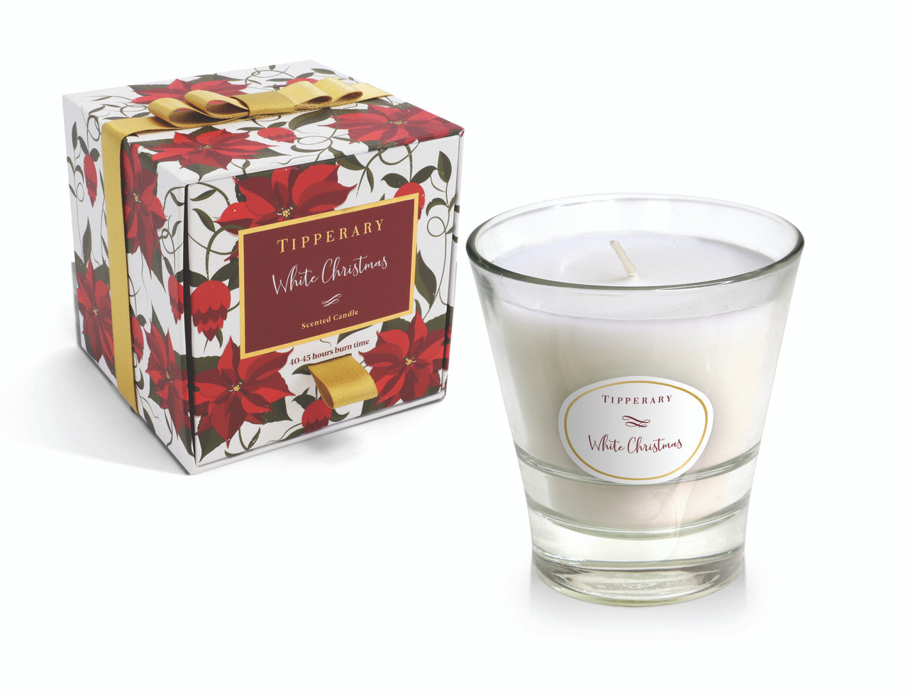 Tipperary Crystal White Christmas orange spice amber musk scented candle in poinsettia tumbler boxed gift