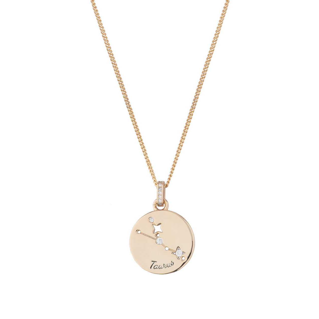 Tipperary Crystal Taurus zodiac gold pendant necklace engraved disc