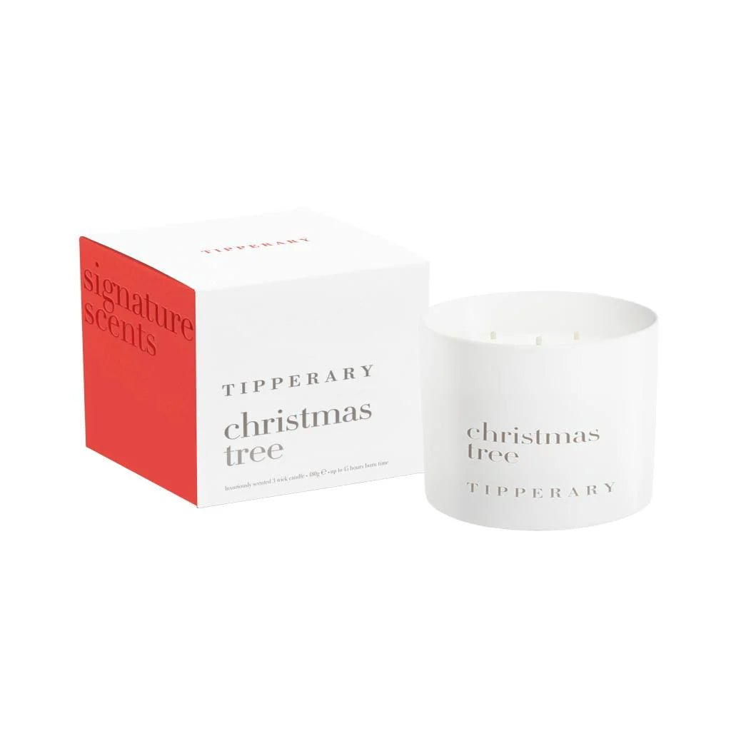 Tipperary Crystal Signature Scents Christmas Tree 3-Wick Scented Candle in white glass vessel with matching red and white gift box