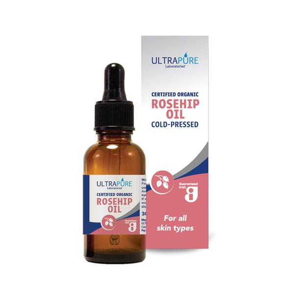 Ultrapure Organic Rosehip Oil bottle with packaging – 100% natural Irish skincare for hydration, radiance, and scar reduction