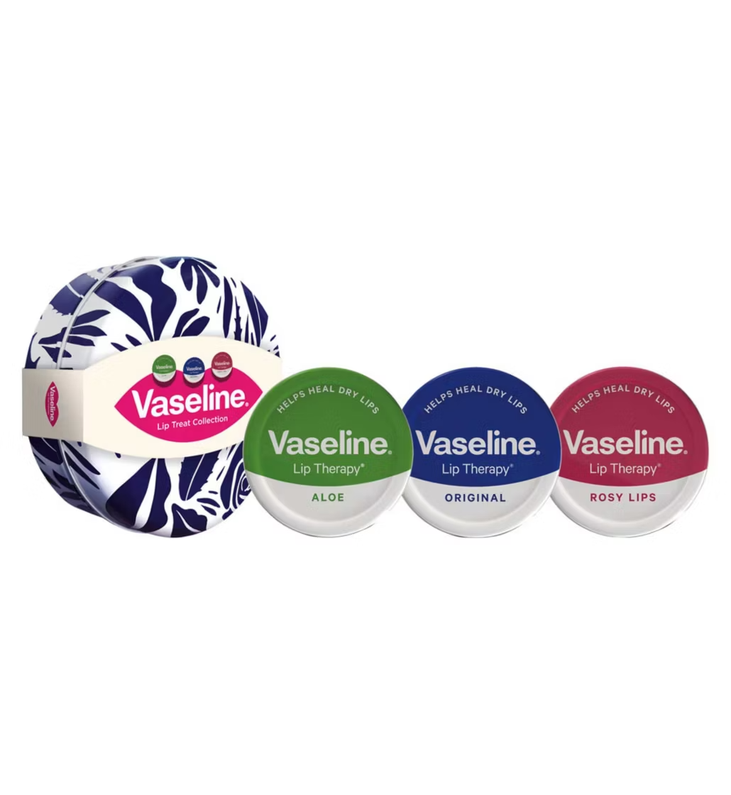 Vaseline Lip Treat Collection Christmas Gift Set — 3 x 20g tins: Aloe, Original and Rosy lip therapy.