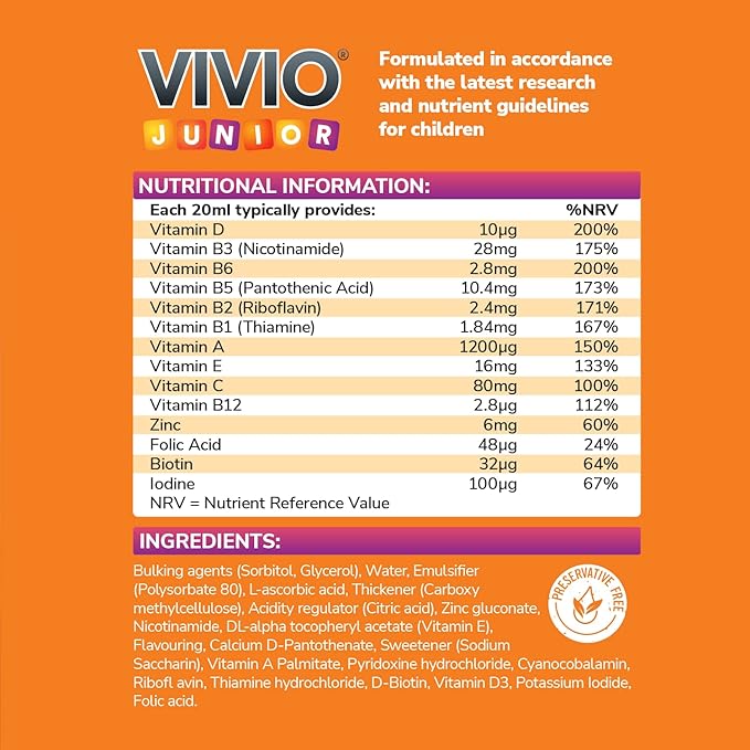 Vivio Junior Multivitamin nutritional information panel with ingredient list