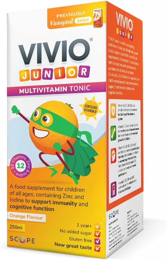Vivio Junior Multivitamin Tonic 250ml box for kids in orange flavour