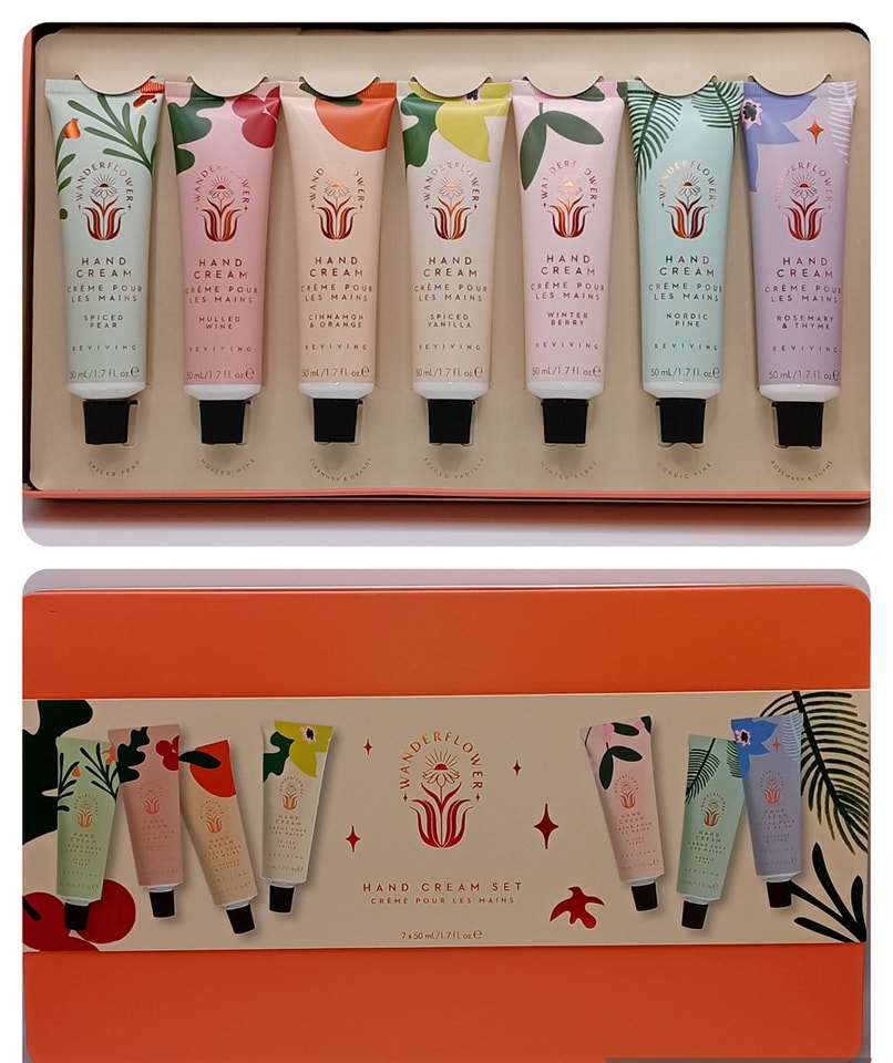 Open Wanderflower hand cream set showing seven assorted 30ml tubes in a gift box