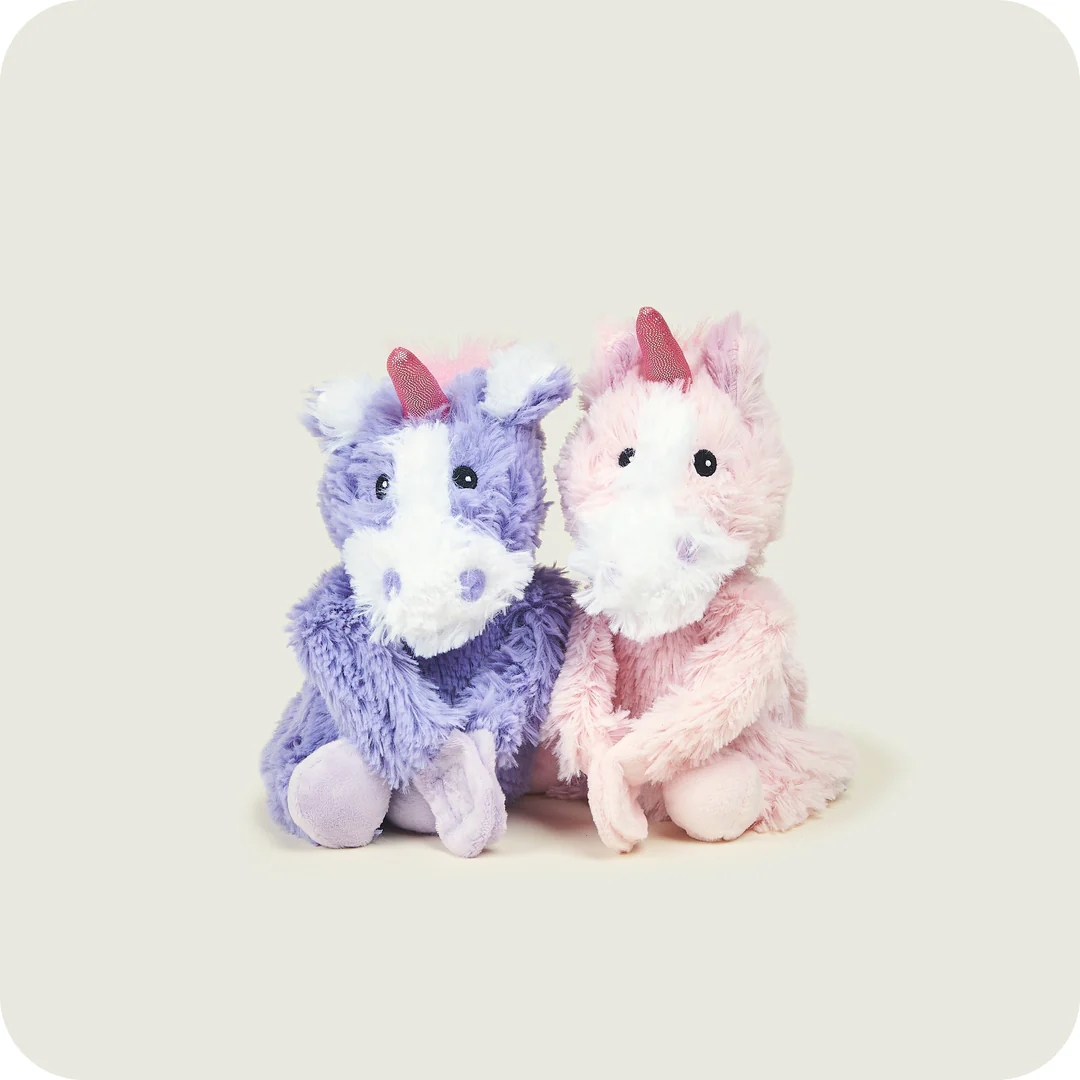 Warmies Warm Hugs unicorns  — pink & purple microwavable plush toys, weighted and lavender-scented.
