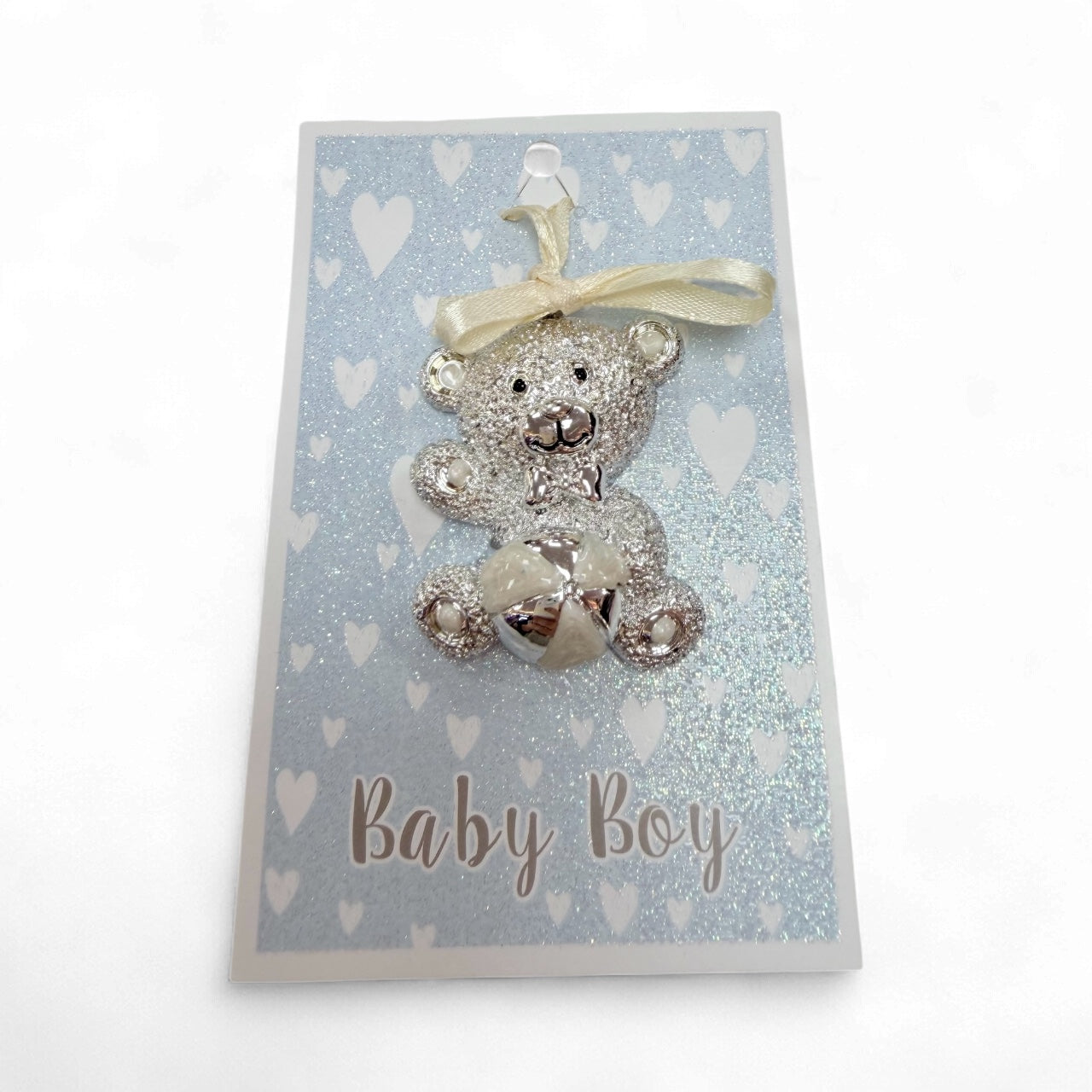 Willow Greetings newborn baby boy crystal bear charm on glitter blue card