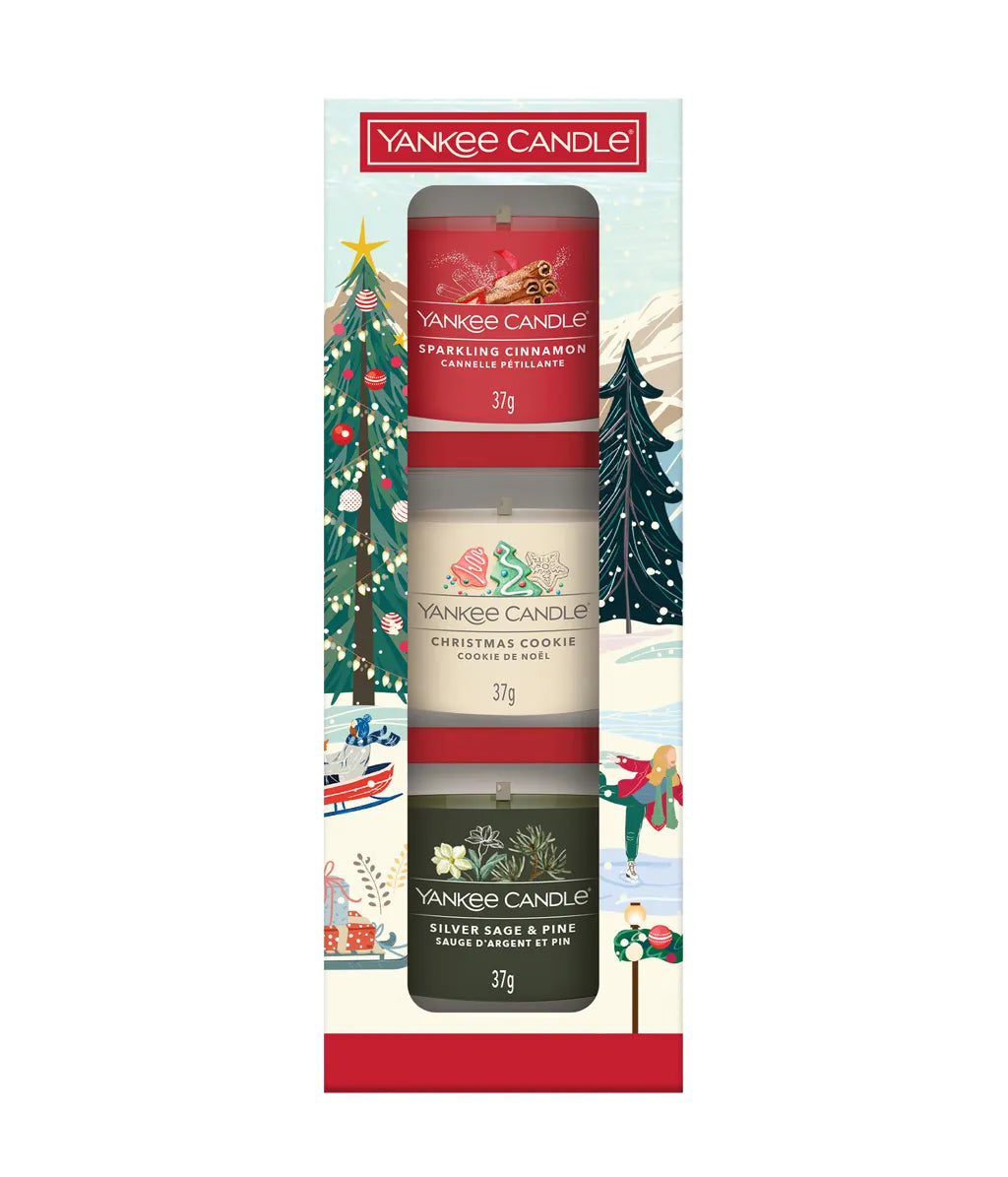 Yankee Candle Skiing Holiday mini candle gift set boxed — 3 glass votives Red Apple Wreath, Sage & Citrus, Vanilla Cupcake.