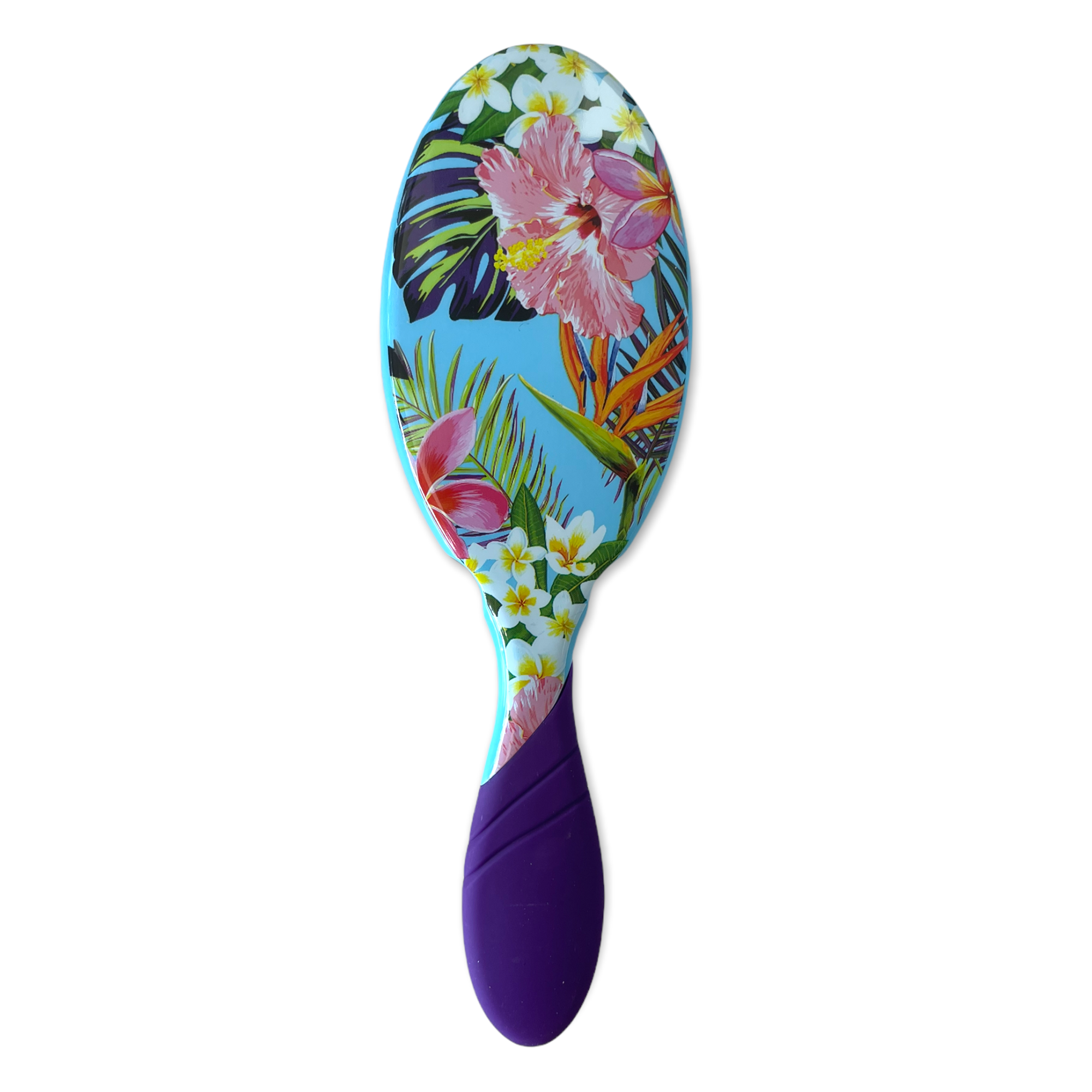 Wet Brush Pro Light Blue Tropical Print Detangler Hairbrush With Purple Rubber Grip Handle