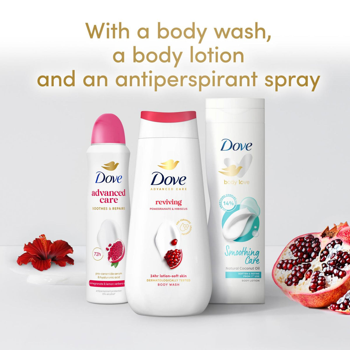 Dove Awaken Gift Set contents showing Pomegranate & Lemon Verbena antiperspirant, Reviving Body Wash and Smoothing Care Lotion