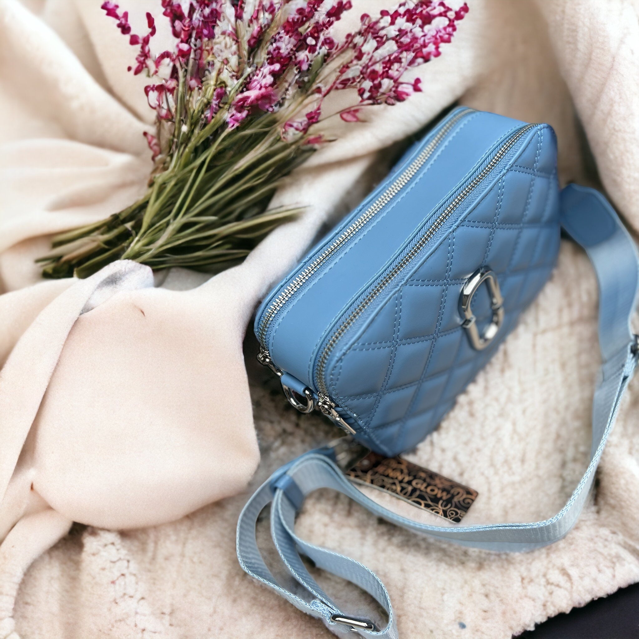 Jenny Glow Blue Quilted Logo Crossbody Handbag