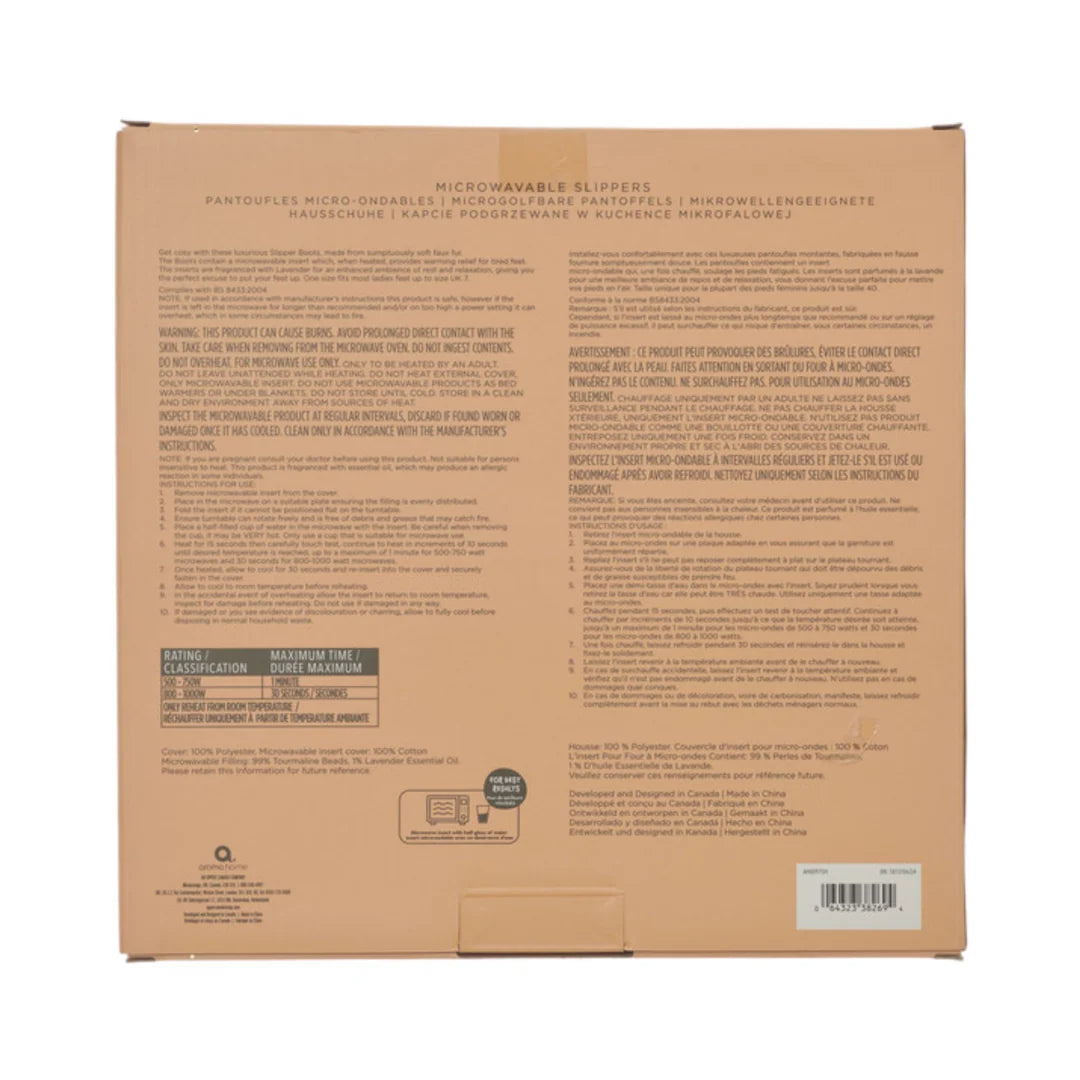 Aroma Home slippers product back panel — heating, care and safety instructions on pack (read before use).