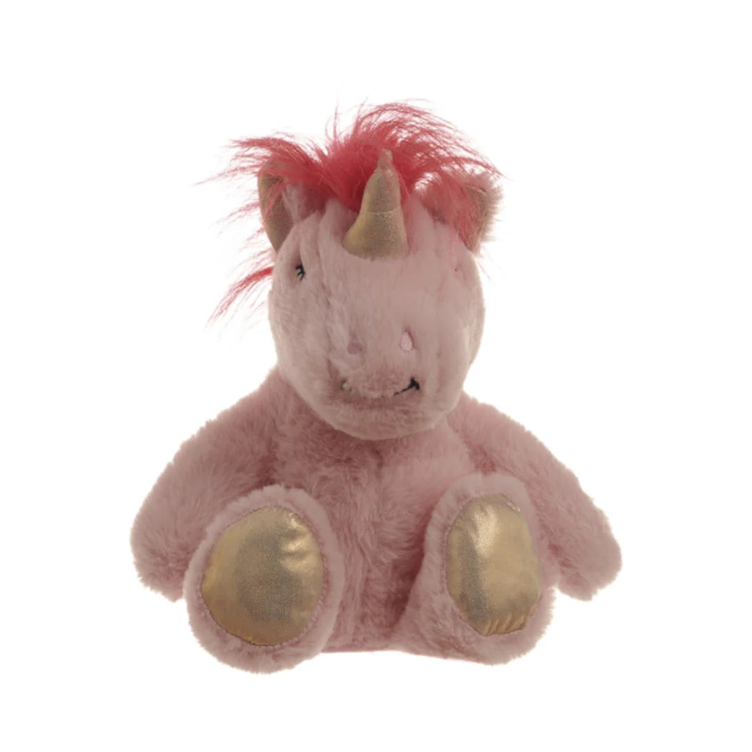 Aroma Home unicorn product shot with tag — microwave insert details and care instructions for safe warming.