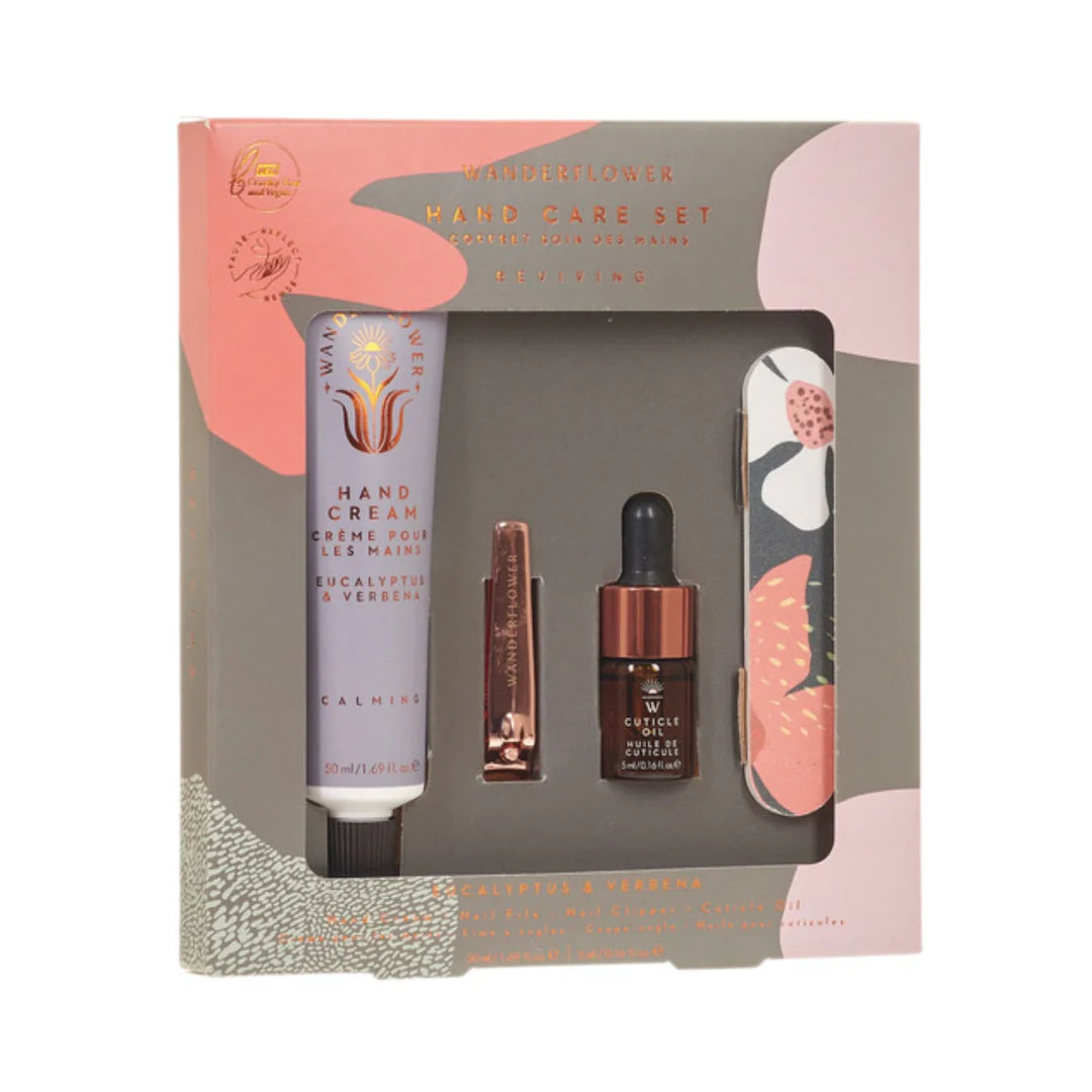 Aroma Home Wanderflower hand care set — eucalyptus & verbana hand cream, cuticle oil, nail clippers and patterned nail file in gift packaging.