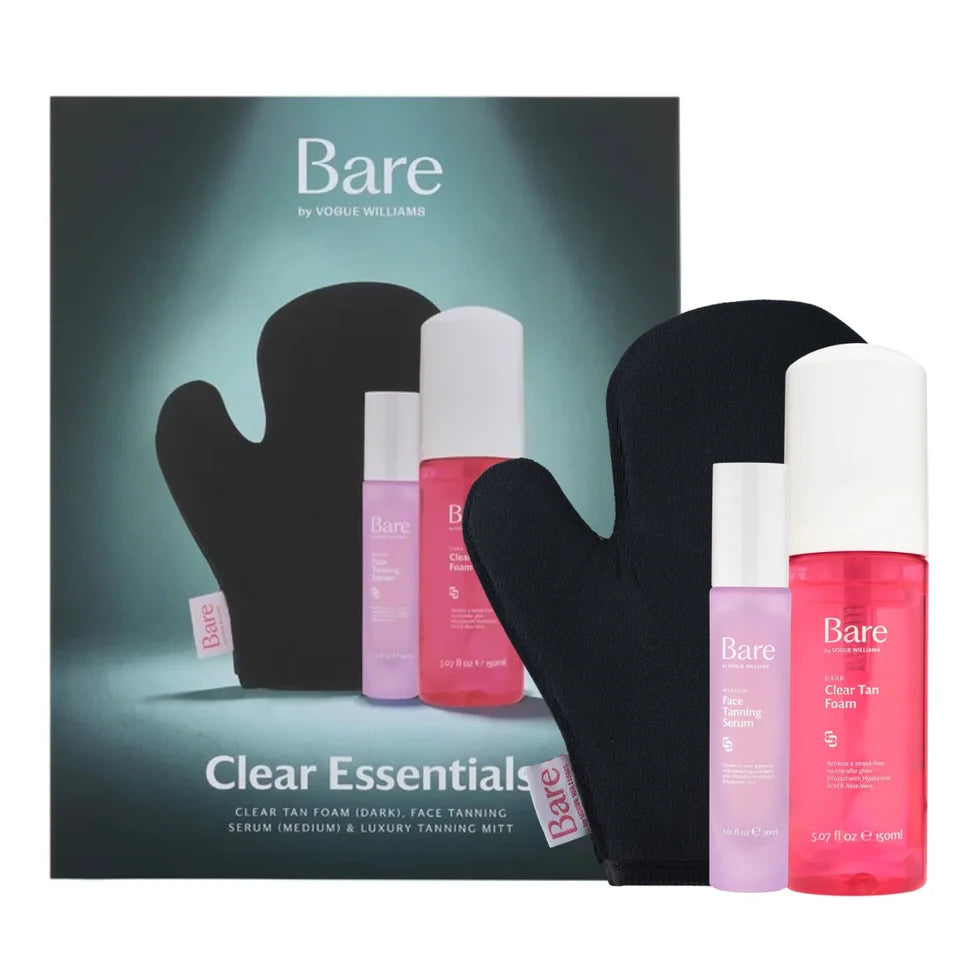Bare by Vogue Clear Essentials Self Tan Gift Set with Dark Clear Tan Foam, Medium Face Tanning Serum and Luxury Tanning Mitt