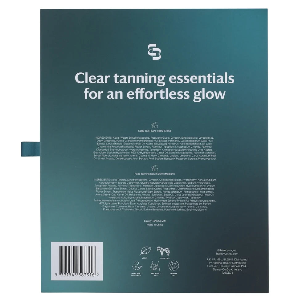 Bare by Vogue Clear Essentials Gift Set back of box with product information and tanning collection details