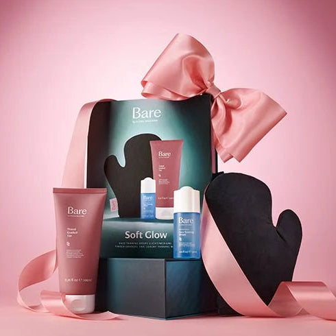 Bare by Vogue Soft Glow Tanning Gift Set featuring gradual tan, face tanning drops and velvet mitt in luxury gift packaging