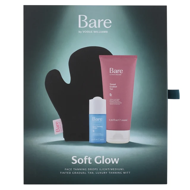 Bare by Vogue Soft Glow Self Tan Gift Set with Light/Medium Face Tanning Drops, Tinted Gradual Tan and Luxury Velvet Mitt