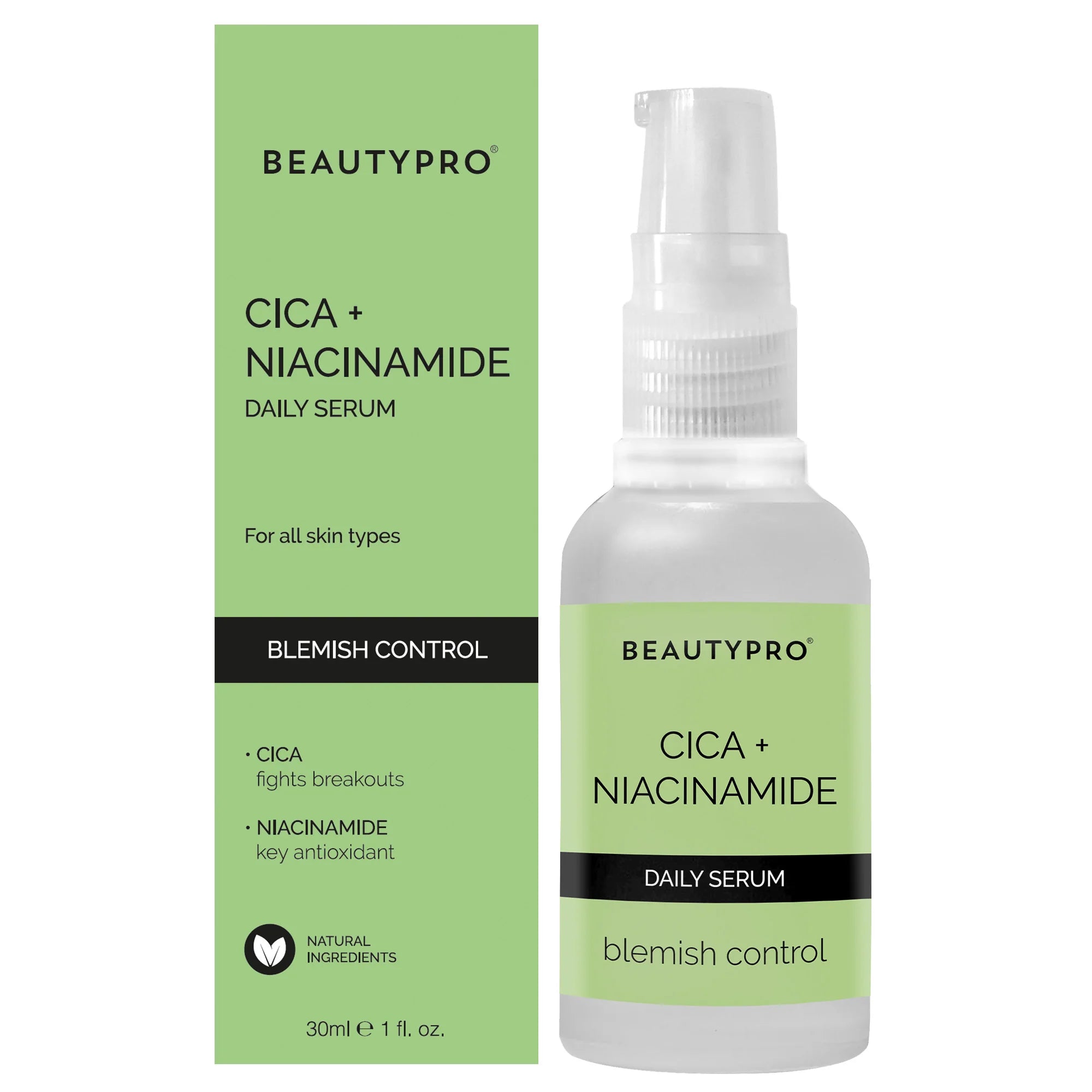 BeautyPro Cica + Niacinamide Daily Serum bottle and box – 30ml