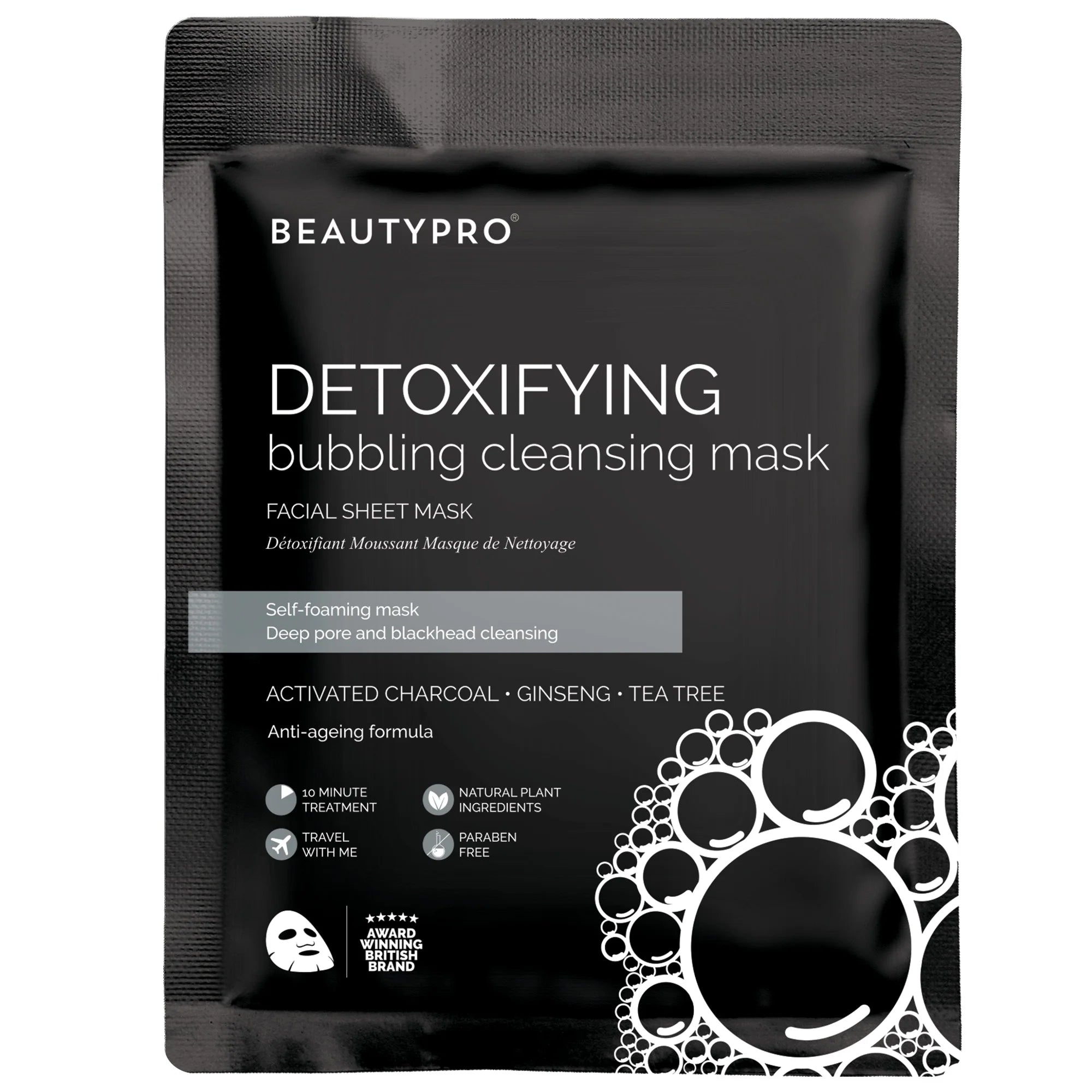 BeautyPro Detoxifying Bubbling Cleansing Mask with activated charcoal and AHA complex