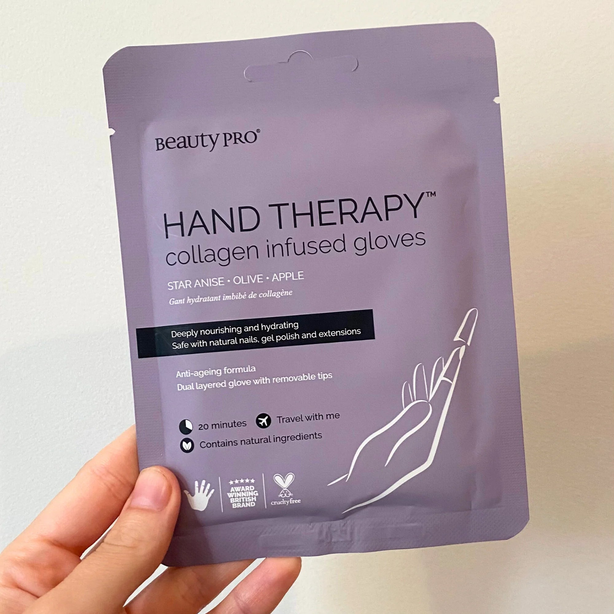 Back of BeautyPro Hand Therapy Hydrating Hand Glove packaging with instructions