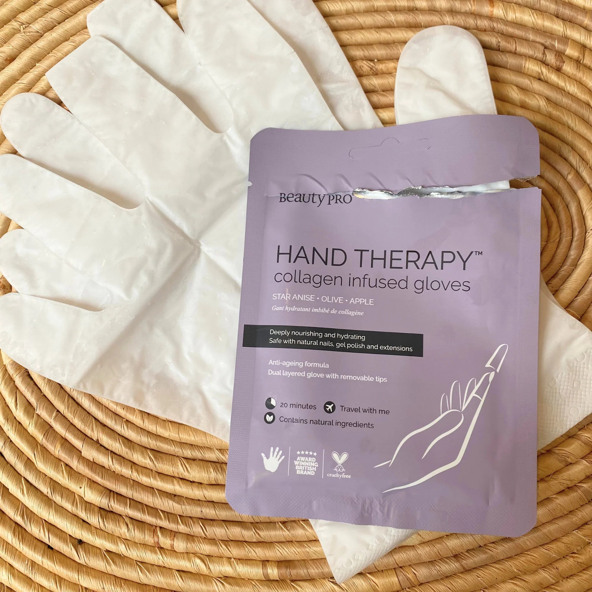 BeautyPro Hand Therapy Hydrating Hand Glove pack in lifestyle flatlay
