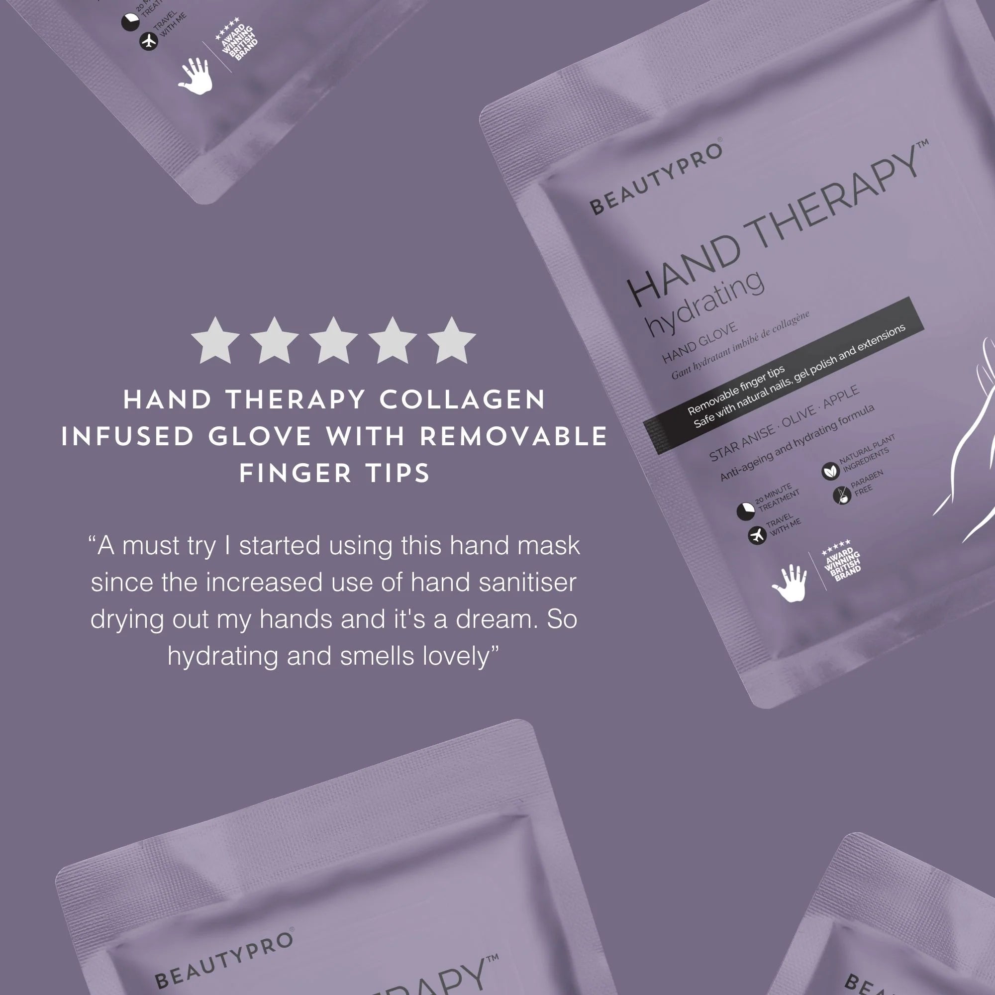 Product review showing BeautyPro Best Hand Hydrating Gloves with removable fingertips