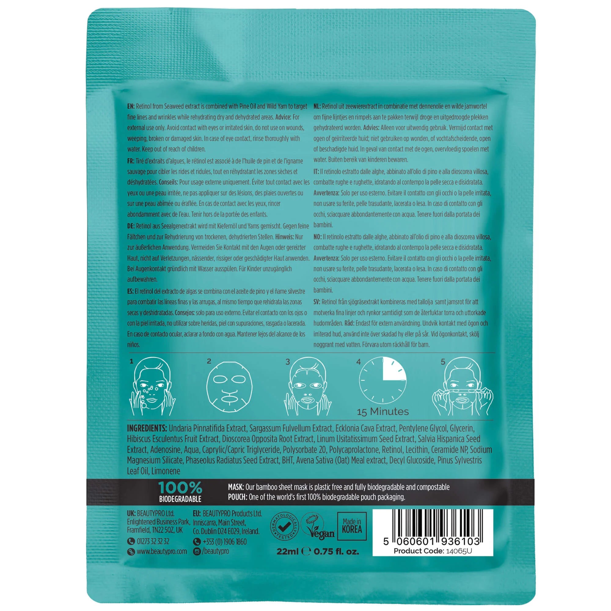 Back of BeautyPro Retinol Sheet Mask showing ingredients