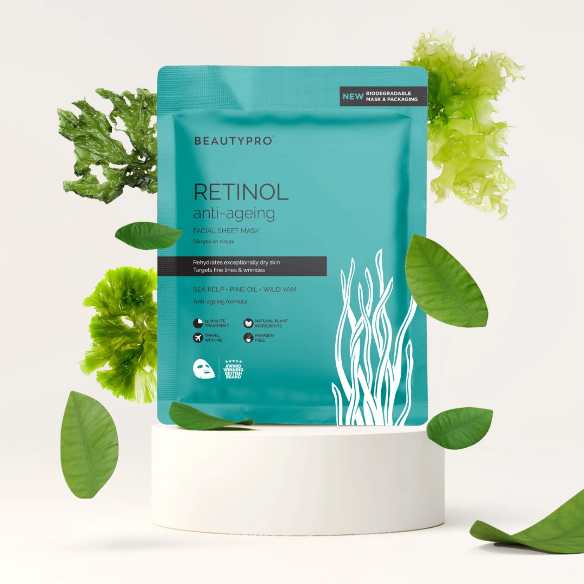 Key ingredients of Beautypro retinol anti ageing sheet mask: retinol, pine oil, wild yam