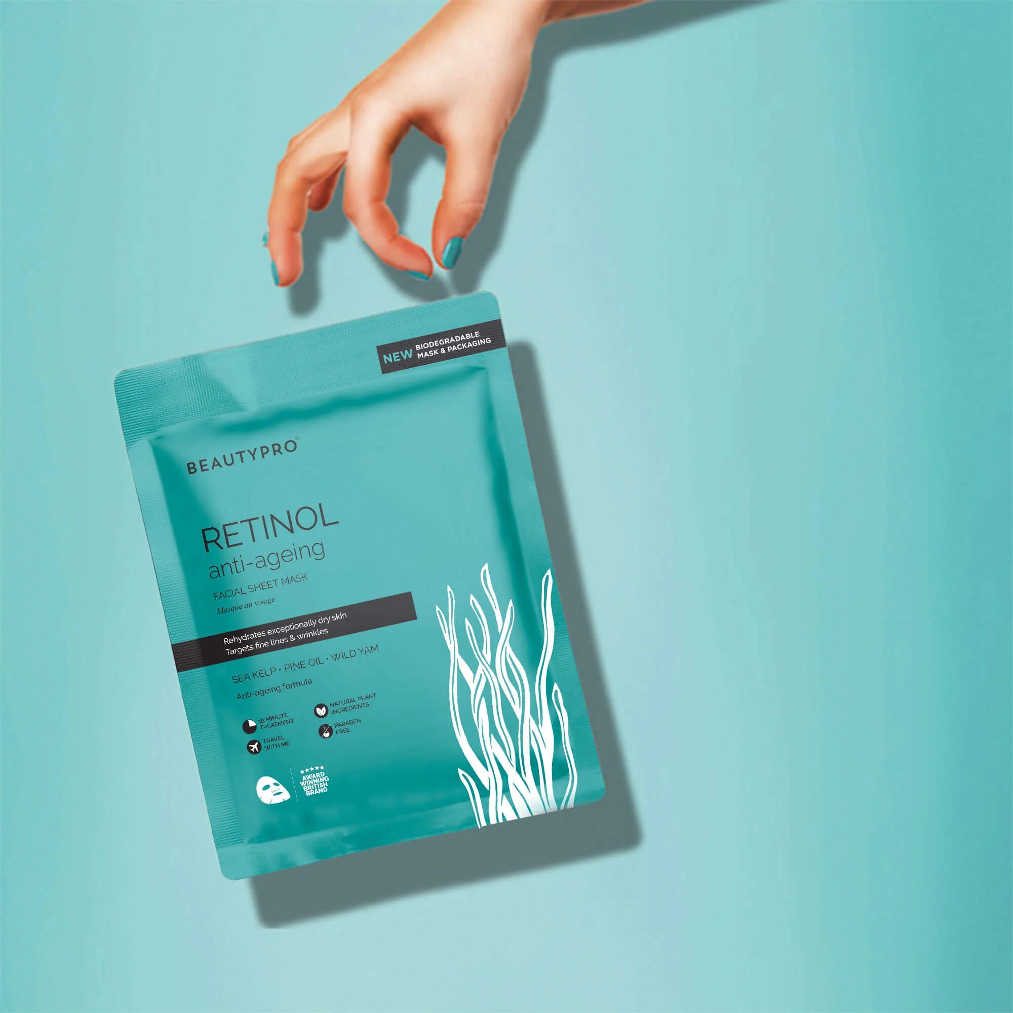 	Close-up of hand holding BeautyPro Retinol face mask
