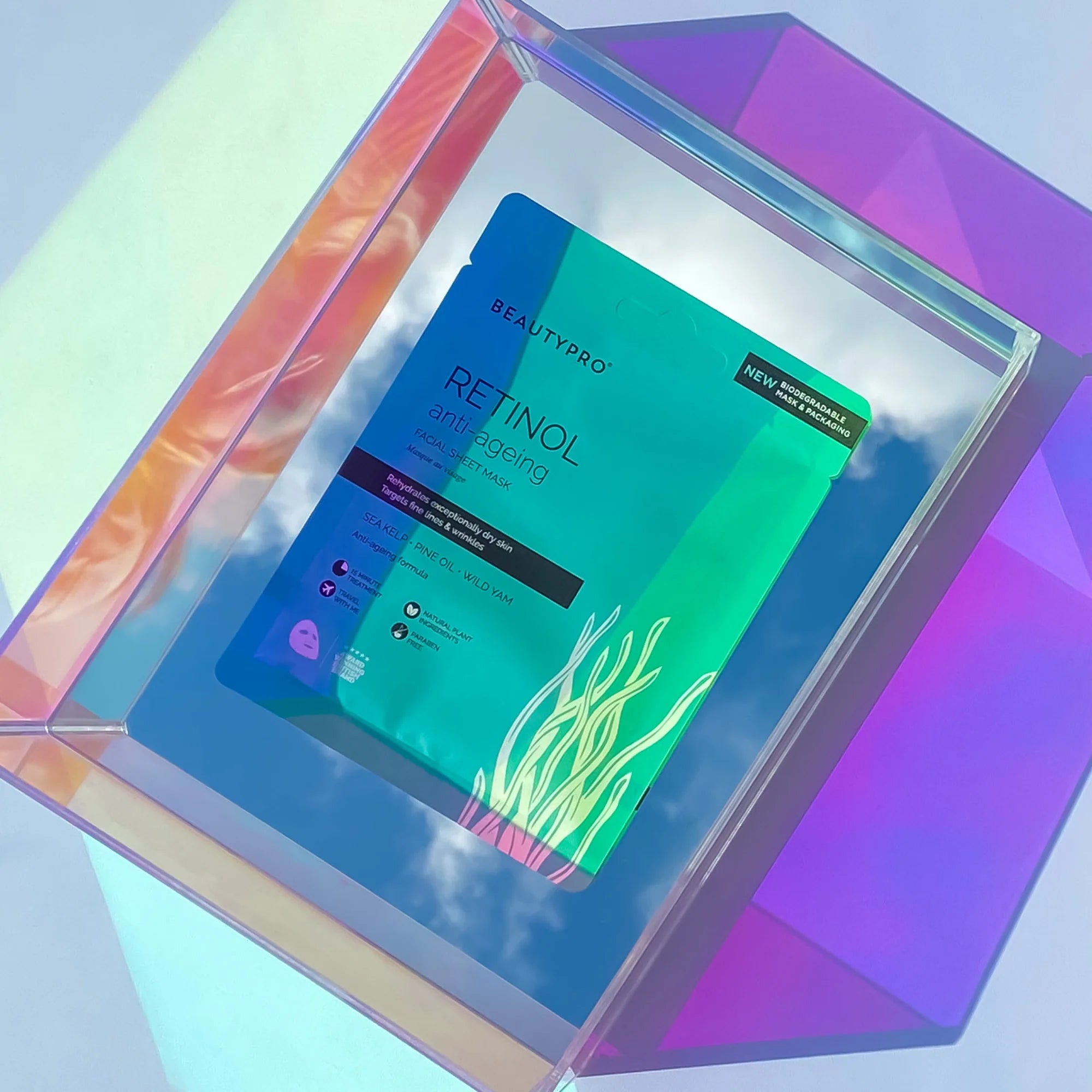 BeautyPro Retinol mask displayed in a holographic box