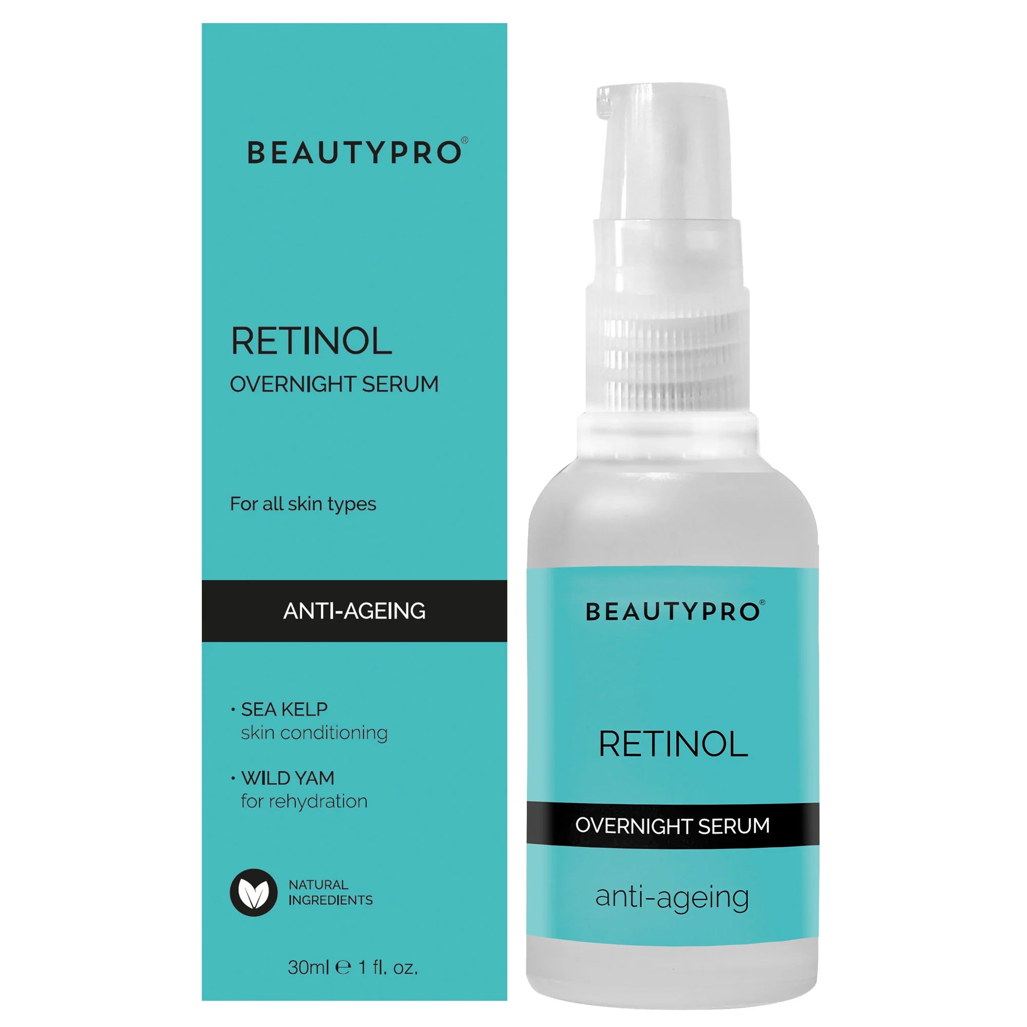 BeautyPro Retinol Overnight Serum bottle with packaging – 30ml
