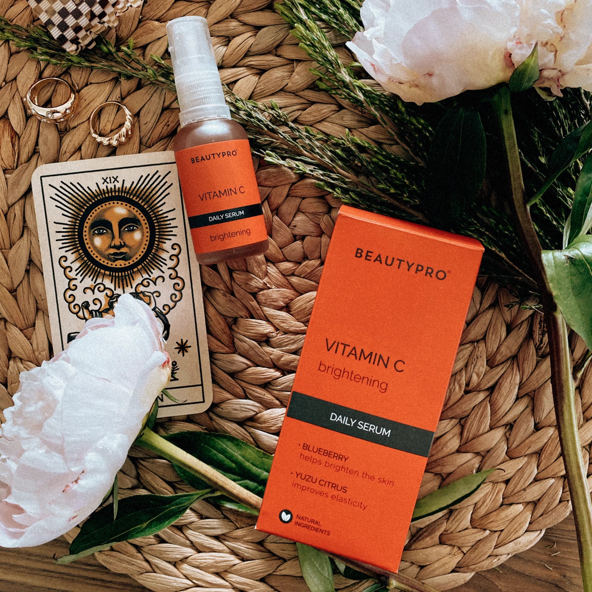 BeautyPro Vitamin C serum with outer box in lifestyle skincare flatlay