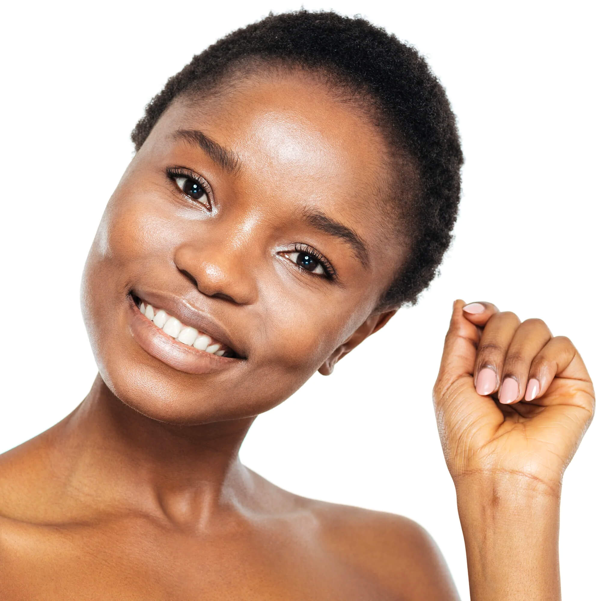 Smiling woman after applying BeautyPro Brightening Vitamin C Serum