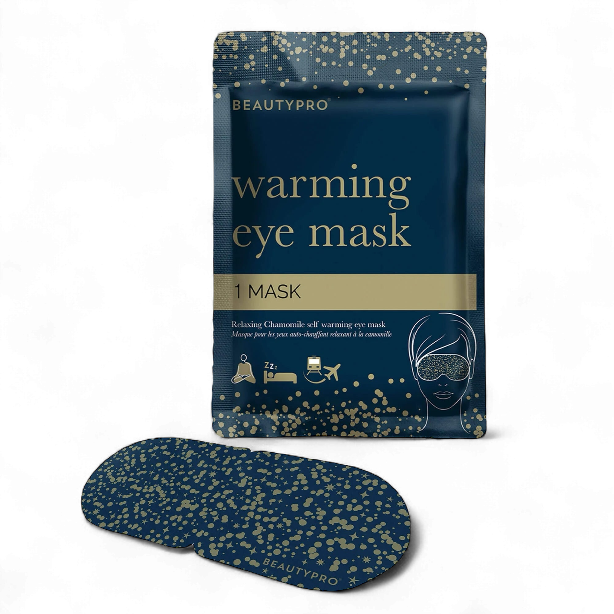 BeautyPro Warming Eye Mask pack with sachet and navy eye mask with gold speckles - 1 mask