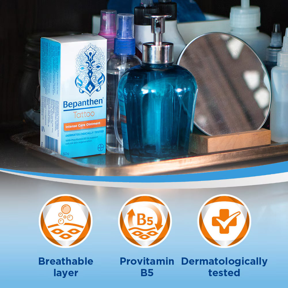 Bepanthen Tattoo Ointment displayed on bathroom counter – daily tattoo care