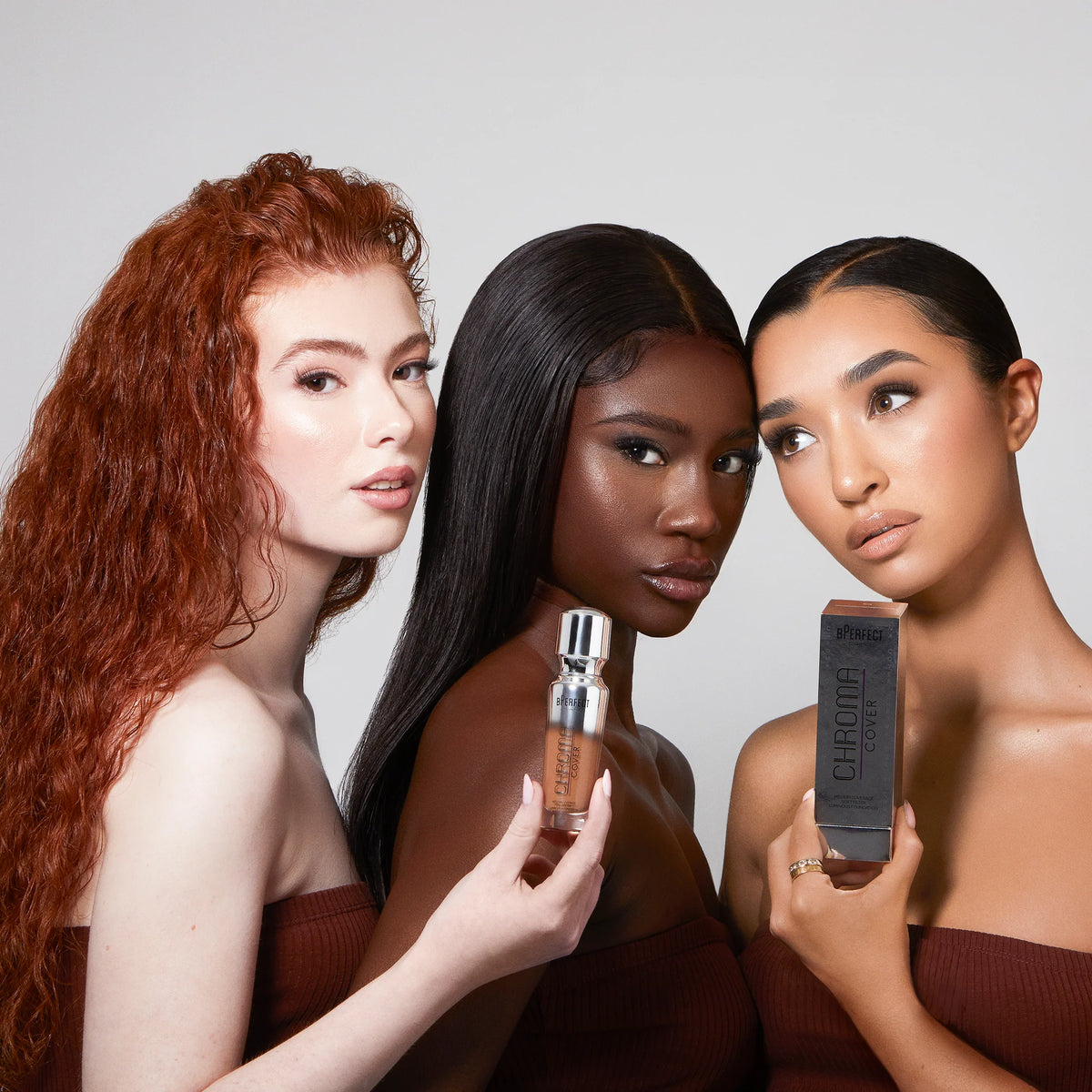 BPerfect Chroma Cover Luminous Foundation shown on three different skin tones