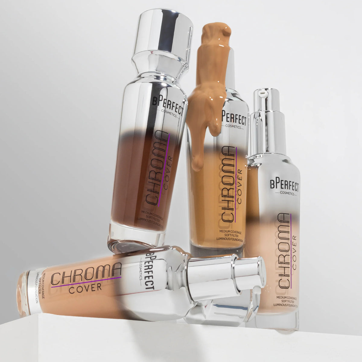 BPerfect Chroma Cover Matte Foundation bottles showing shade tone range