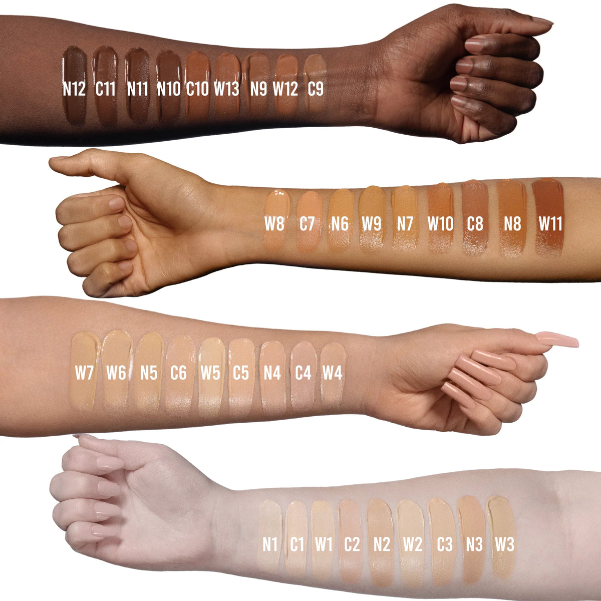 BPerfect Chroma Cover Luaminous Foundation shade swatches across skin tones